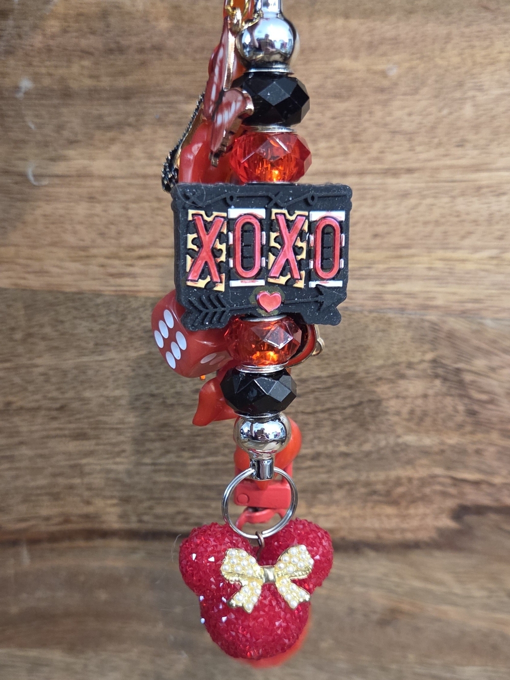 XOXO Red Beaded Charm Keychain with Multiple Sparkly Accent Charms